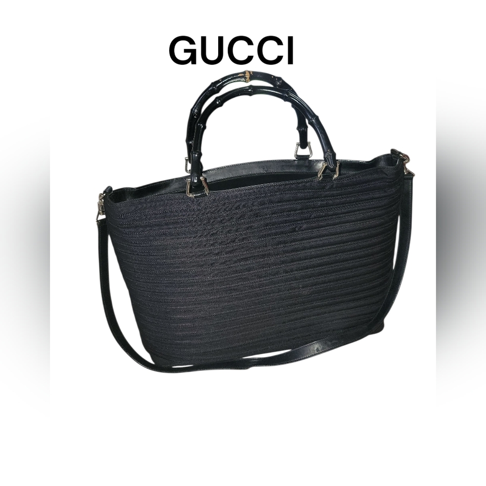 Vintage Gucci Black Ribbed Nylon Bamboo Top Handle Bag With Crossbody Strap